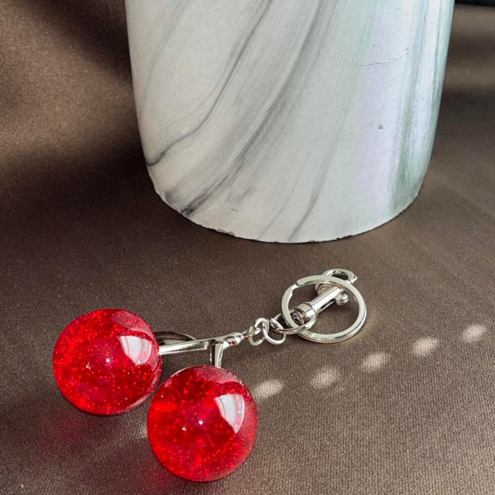 Red glass glitter cherry keychain